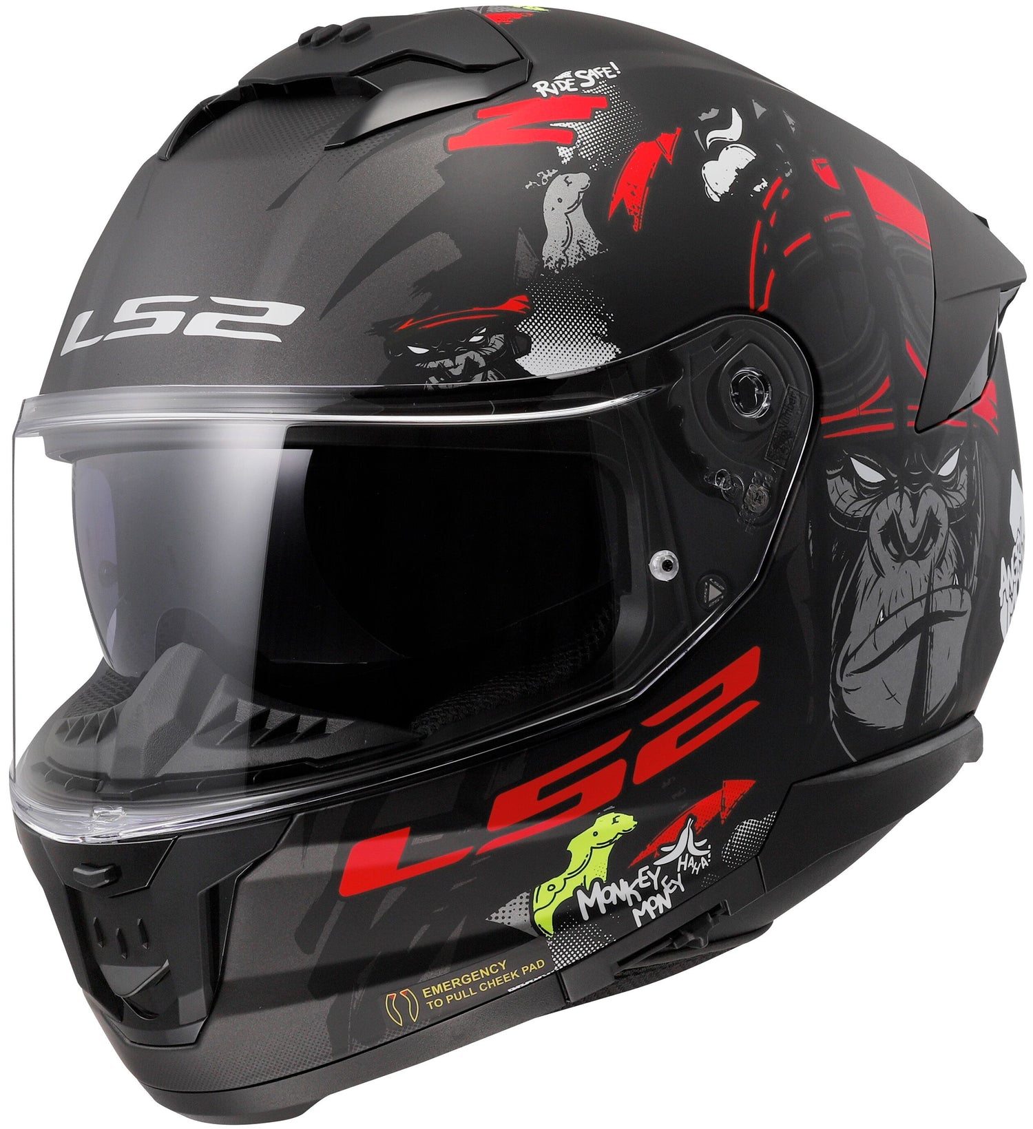 LS2 FF808 Stream II Angry Monkey Zwart/Rood Mat Integraalhelm ECE 22.06
