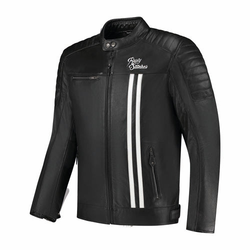 Rusty Stitches Cooper Leren Motorjas AA Retro Zwart Wit Met Protectie