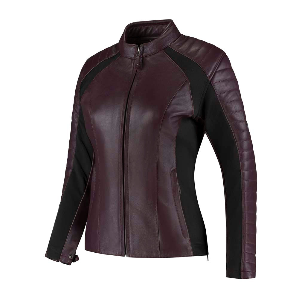 Rusty Stitches Donna Dames Leren Motorjas AA Protectie Aubergine Stretch