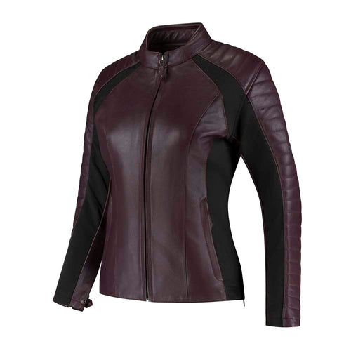 Rusty Stitches Donna Dames Leren Motorjas AA Protectie Aubergine Stretch