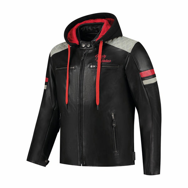 Rusty Stitches Jari Hooded V2 Leren Motorjas AA Protectie Black Light Grey Red