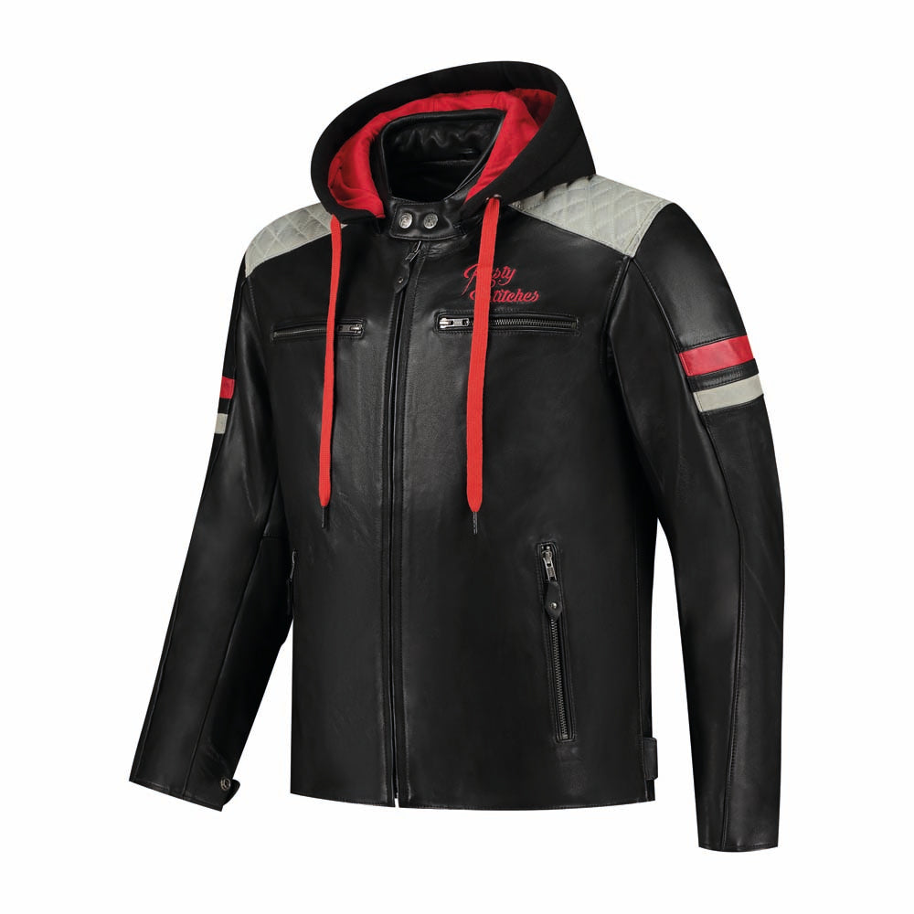 Rusty Stitches Jari Hooded V2 Leren Motorjas AA Protectie Black Light Grey Red