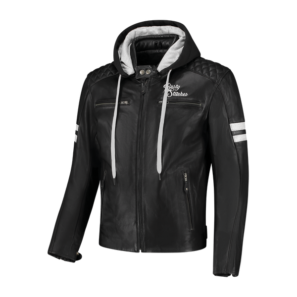 Rusty Stitches Jari Hooded V2 Leren Motorjas Zwart Wit AA Met Protectie