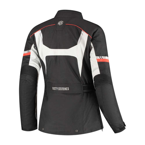 Rusty Stitches Leah Motorjas Dames Zwart Rood Waterdicht AA All Season Met Protectie