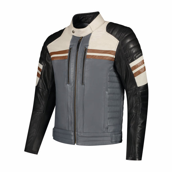 Rusty Stitches Steve Leren Motorjas Zwart Beige Grijs Bordeaux AA Retro Met Protectie