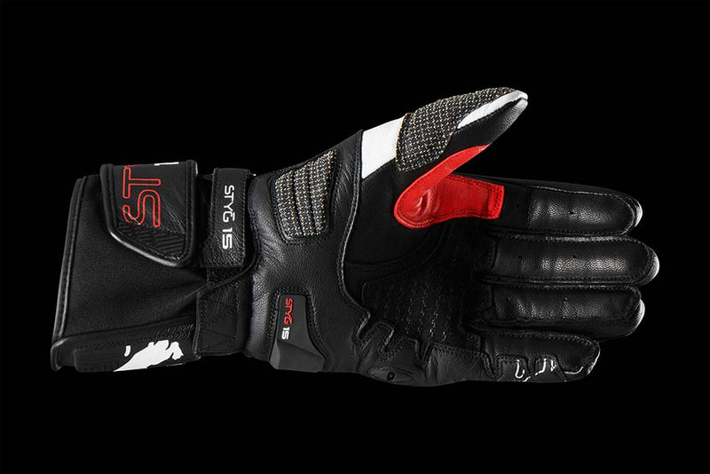 Furygan Styg 15 Motorradhandschuhe aus Leder, sportlich mit Knöchelschutz, schwarz, weiß, rot