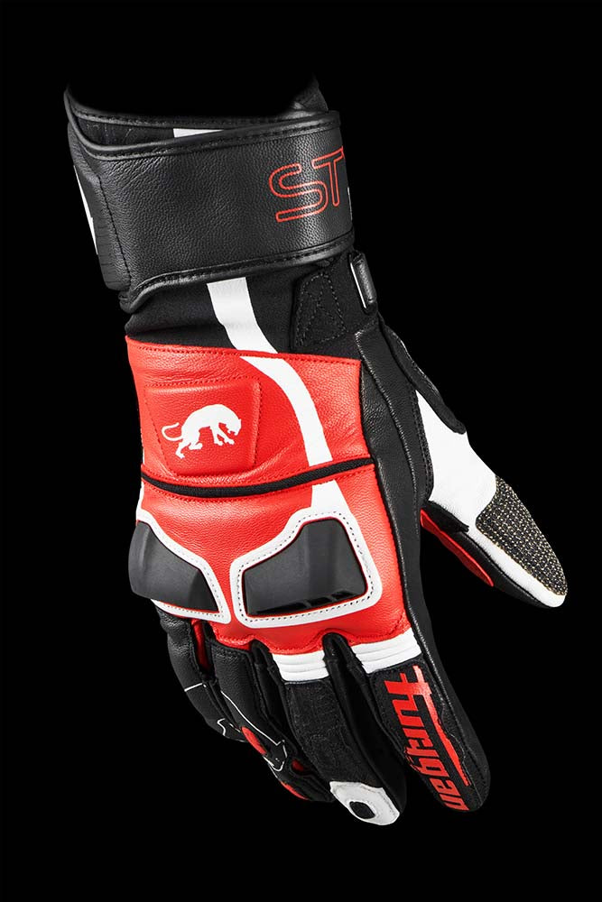 Furygan Styg 15 Motorradhandschuhe aus Leder, sportlich mit Knöchelschutz, schwarz, weiß, rot