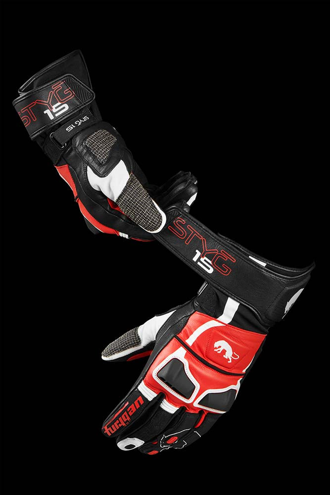 Furygan Styg 15 Motorradhandschuhe aus Leder, sportlich mit Knöchelschutz, schwarz, weiß, rot