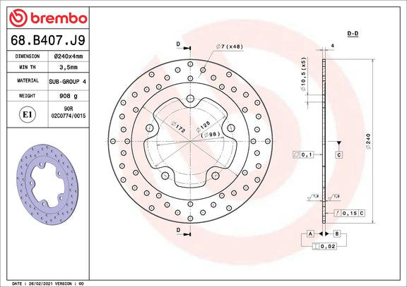 Brembo Serie Oro voorremschijf 240 x 4,0 mm 68B407J9