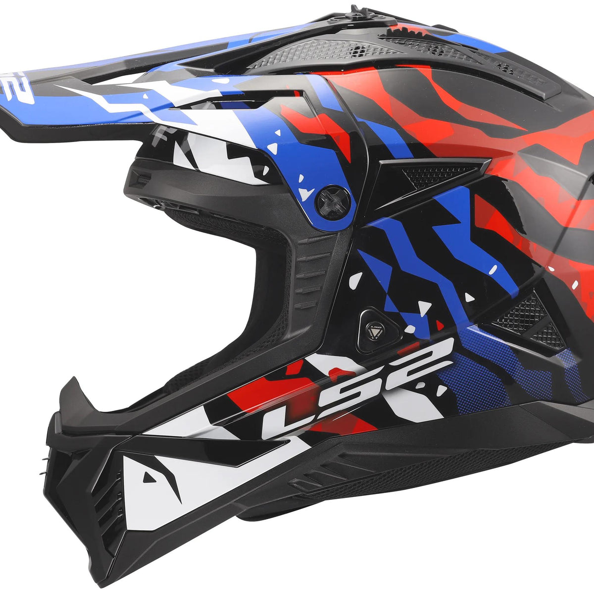 LS2 MX708 Fast II Grotesk Wit/Blauw/Rood Crosshelm ECE 22.06
