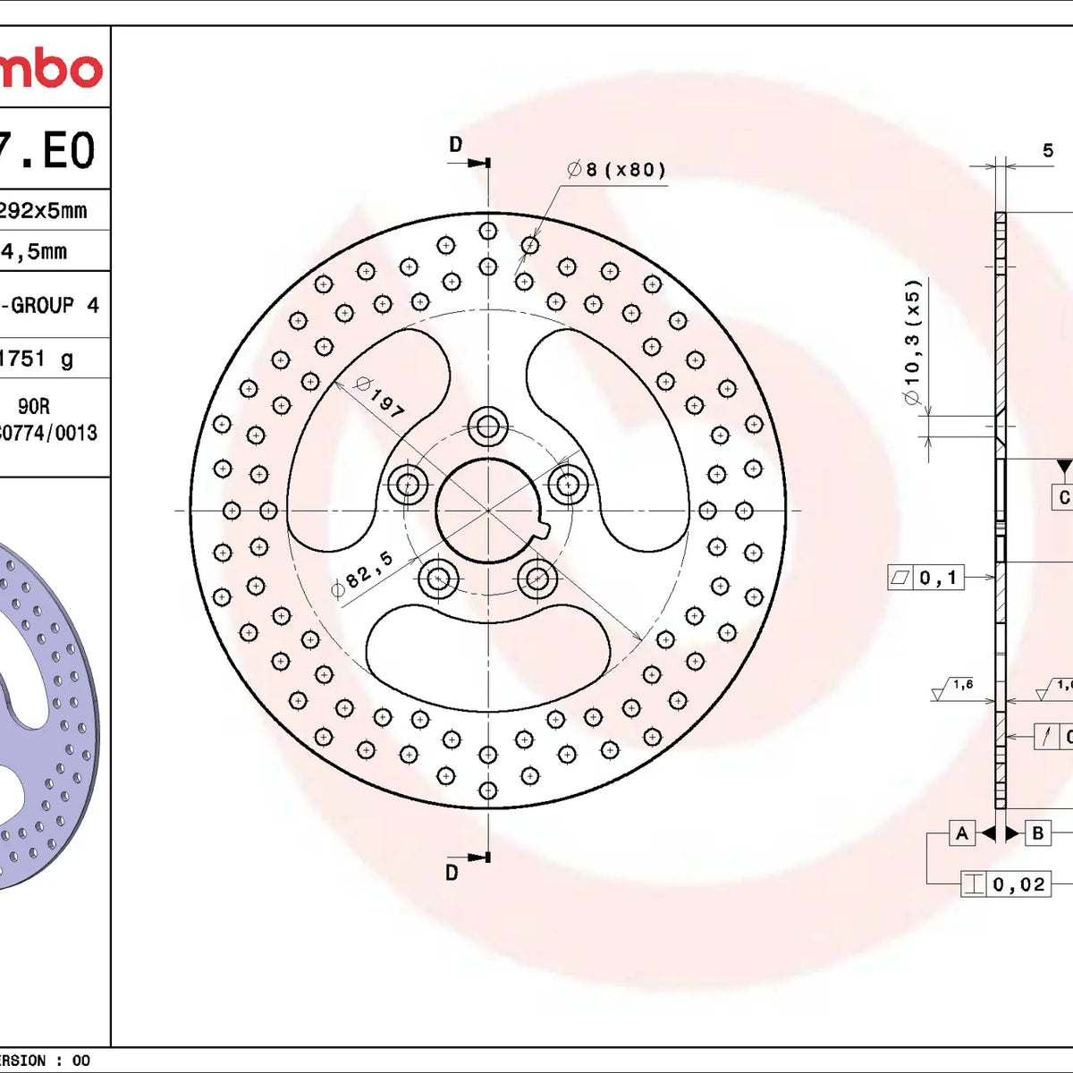 Brembo Serie Oro achterremschijf 292 x 5,0 mm Harley-Davidson 68B407E0