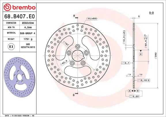Brembo Serie Oro achterremschijf 292 x 5,0 mm Harley-Davidson 68B407E0