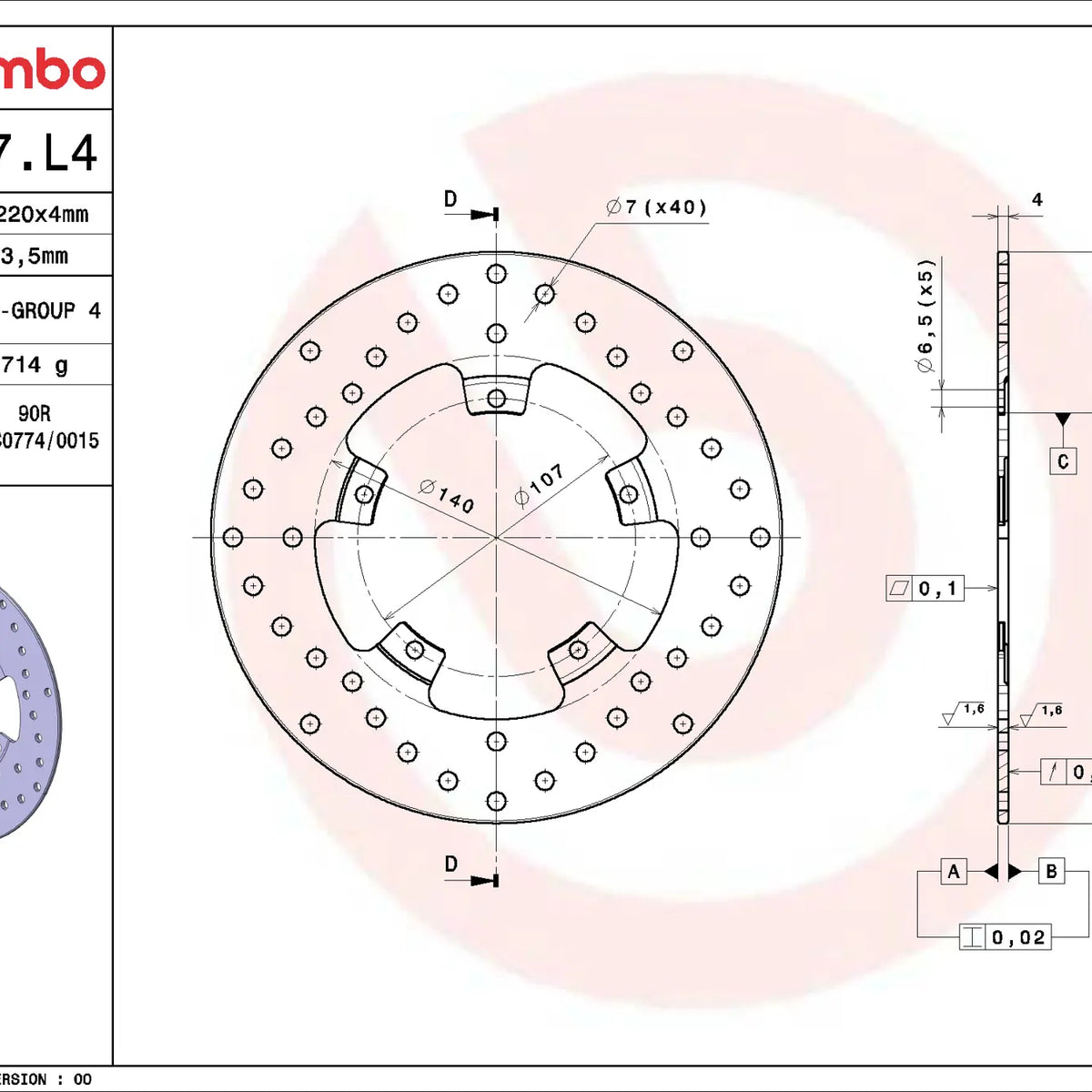 Brembo Serie Oro voorremschijf 220 x 4,0 mm 68B407L4
