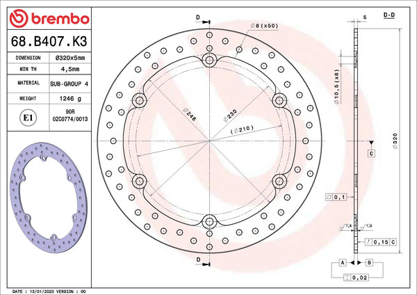 Brembo Serie Oro voorremschijf 320 x 5,0 mm Honda 68B407K3
