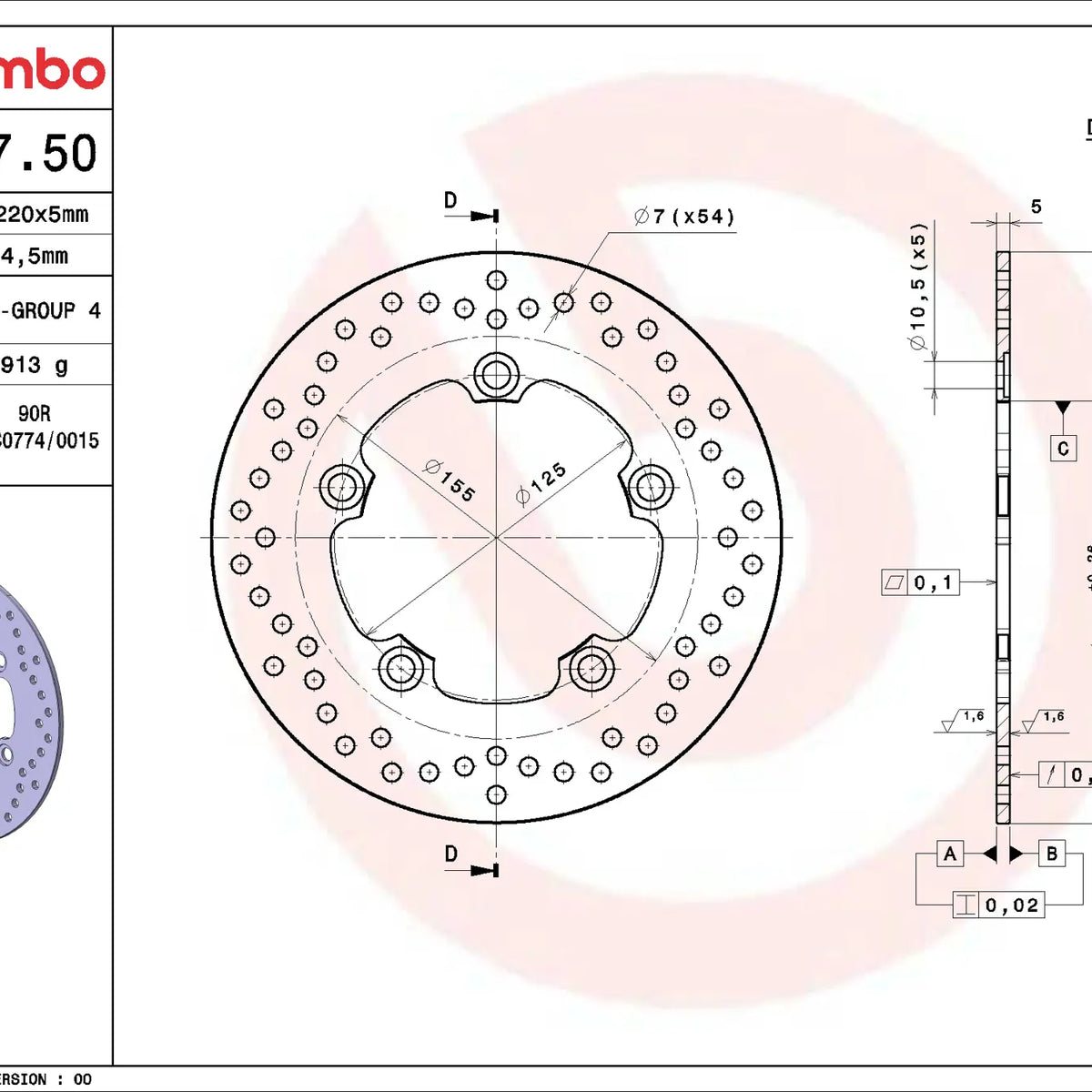 Brembo Serie Oro achterremschijf 220 x 5,0 mm 68B40750