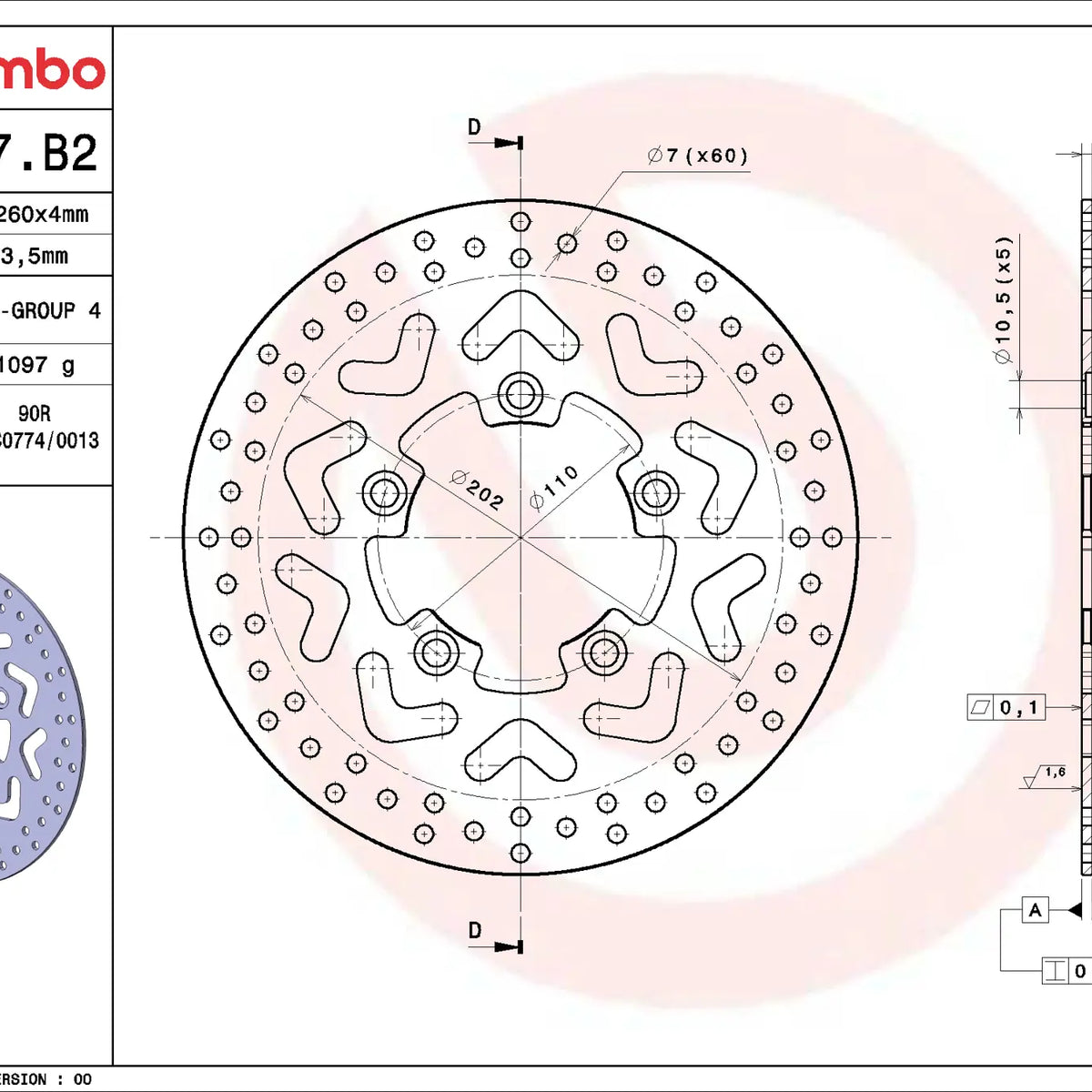 Brembo Serie Oro remschijf 260 x 4,0 mm Kymco 68B407B2