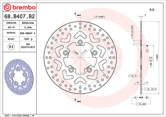 Brembo Serie Oro remschijf 260 x 4,0 mm Kymco 68B407B2