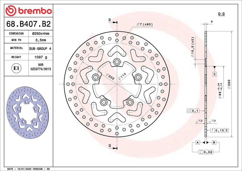 Brembo Serie Oro remschijf 260 x 4,0 mm Kymco 68B407B2