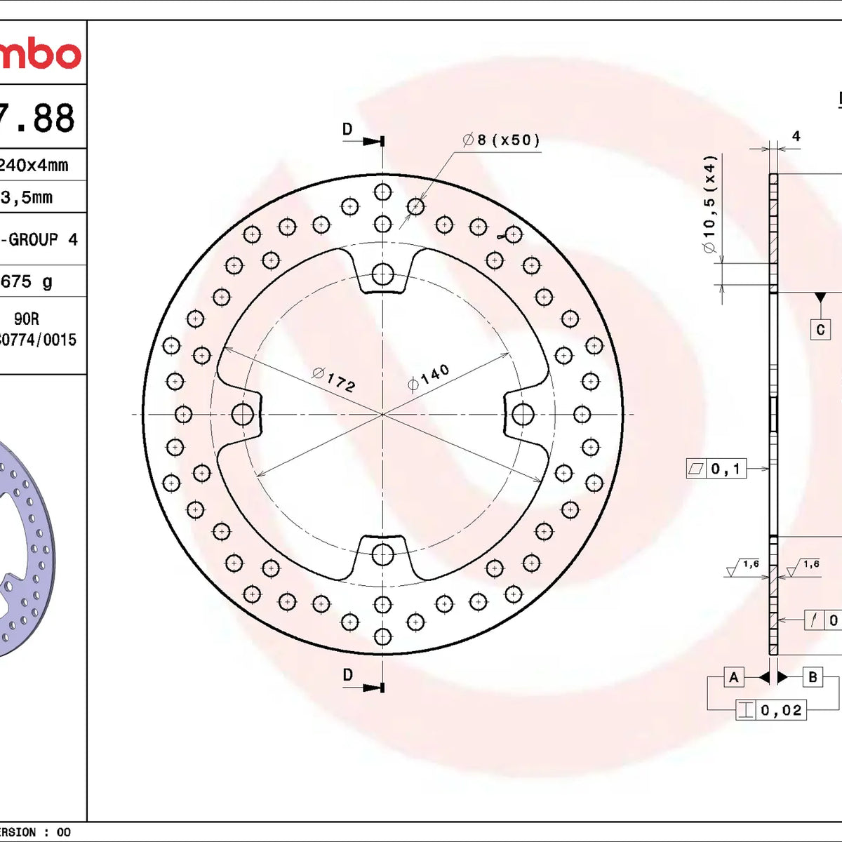 Brembo Serie Oro achterremschijf 240 x 4,0 mm Suzuki 68B40788