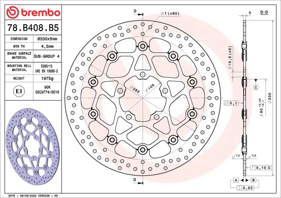Brembo Serie Oro voorremschijf 330 x 5,0 mm 78B408B5
