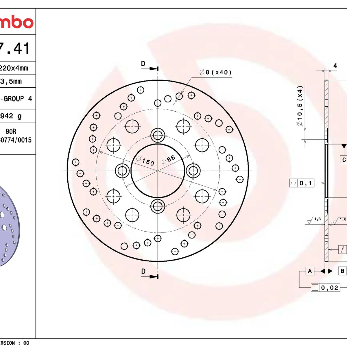 Brembo Serie Oro achterremschijf 220 x 4,0 mm 68B40741