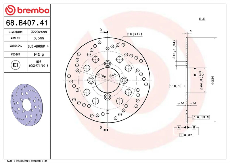 Brembo Serie Oro achterremschijf 220 x 4,0 mm 68B40741