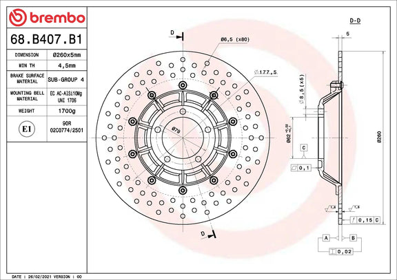 Brembo Serie Oro voorremschijf 260 x 5,0 mm BMW 68B407B1