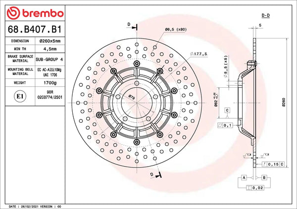 Brembo Oro Series front brake disc 260 x 5.0 mm BMW 68B407B1