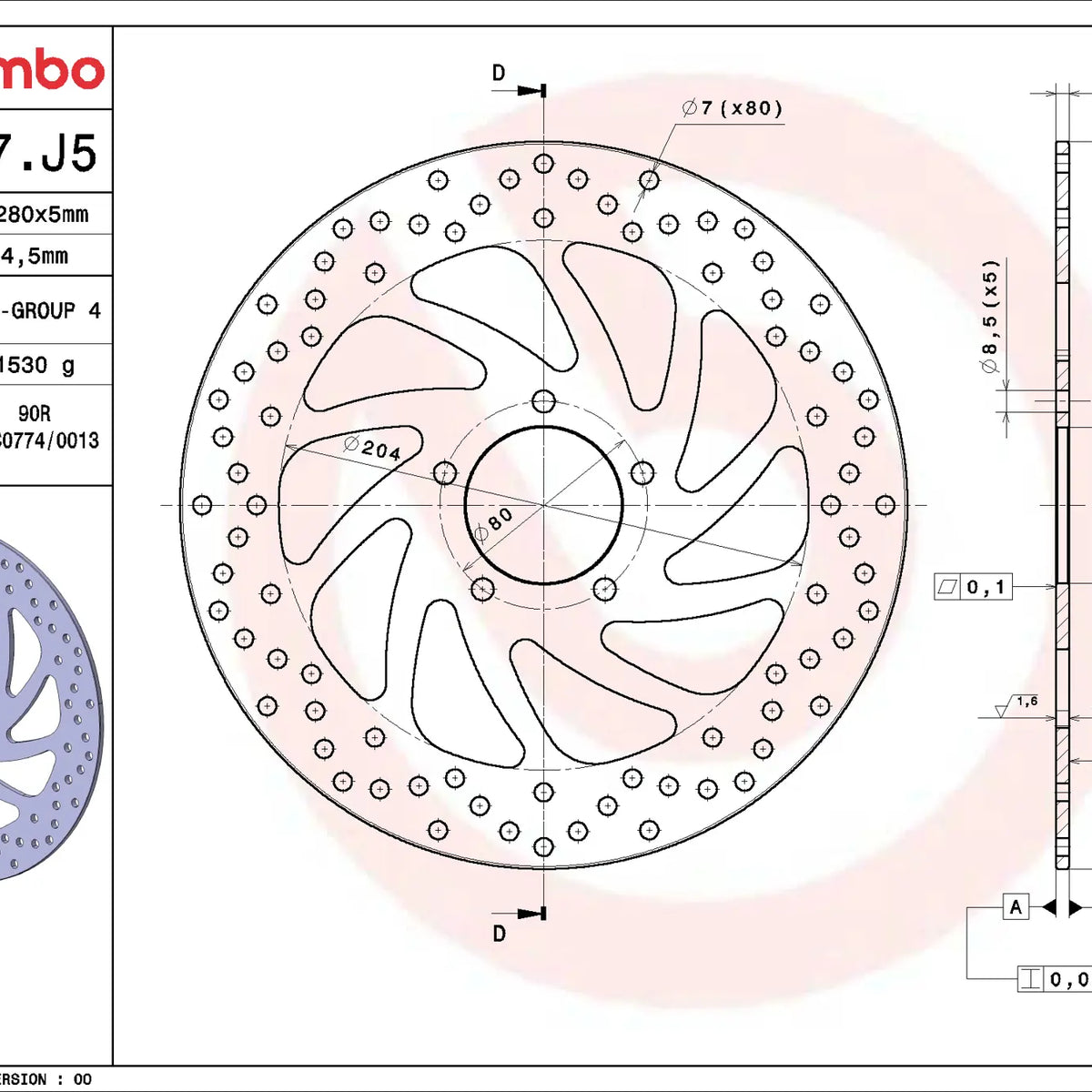 Brembo Serie Oro voorremschijf 280 x 5,0 mm Piaggio 68B407J5