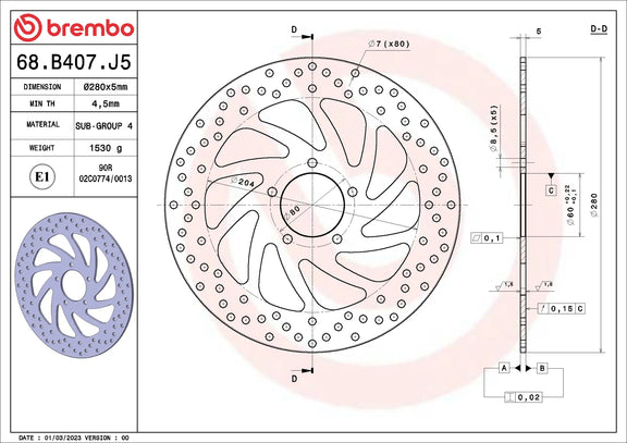 Brembo Serie Oro voorremschijf 280 x 5,0 mm Piaggio 68B407J5