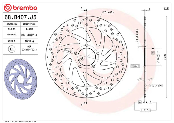 Brembo Serie Oro Front Brake Disc 280 x 5.0 mm Piaggio 68B407J5