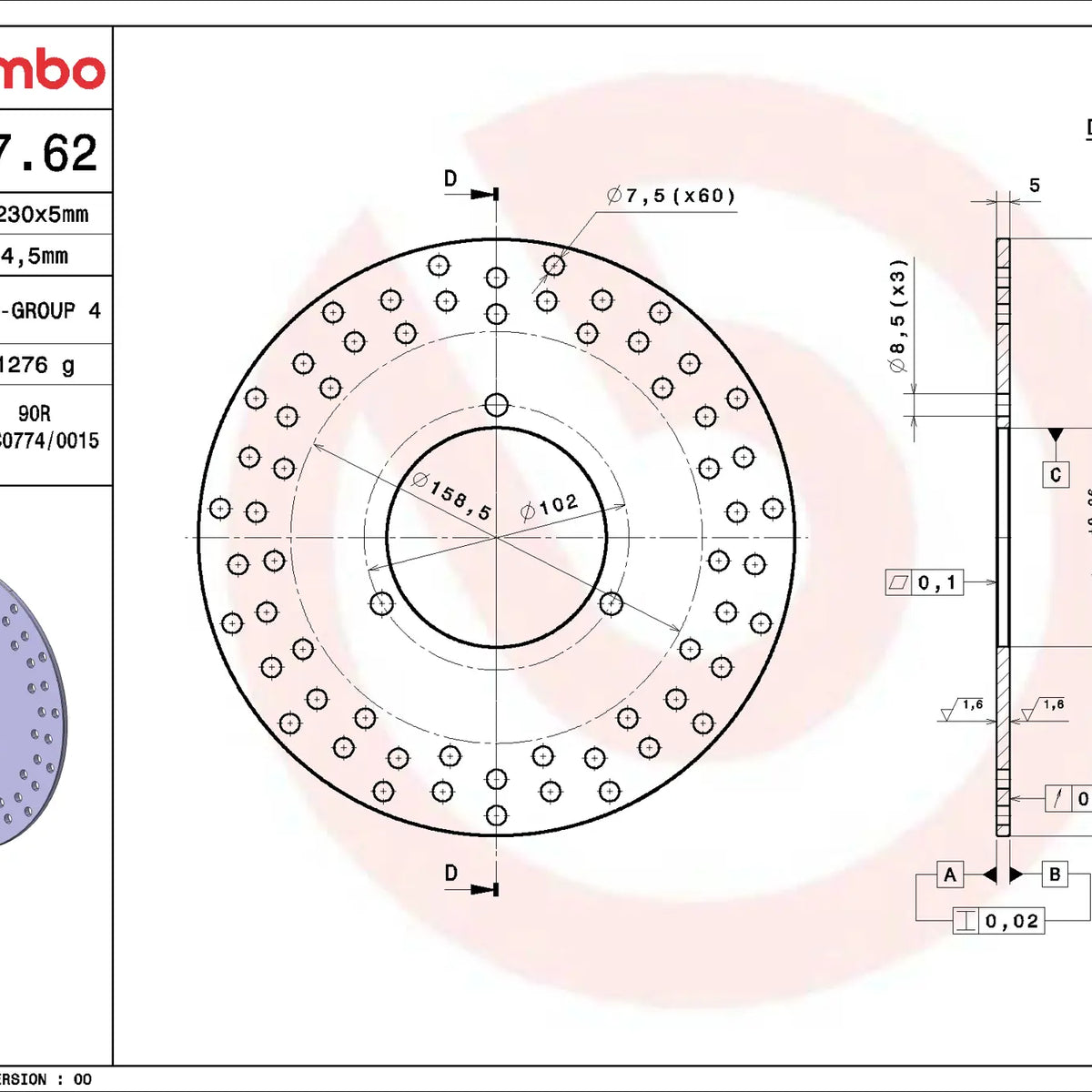 Brembo Serie Oro achterremschijf 230 x 5,0 mm 68B40762
