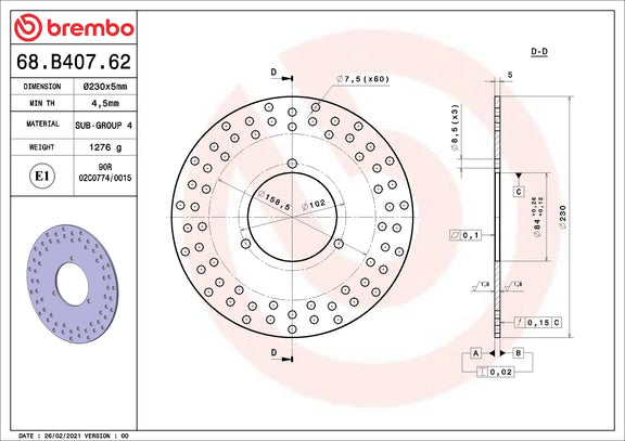 Brembo Serie Oro achterremschijf 230 x 5,0 mm 68B40762