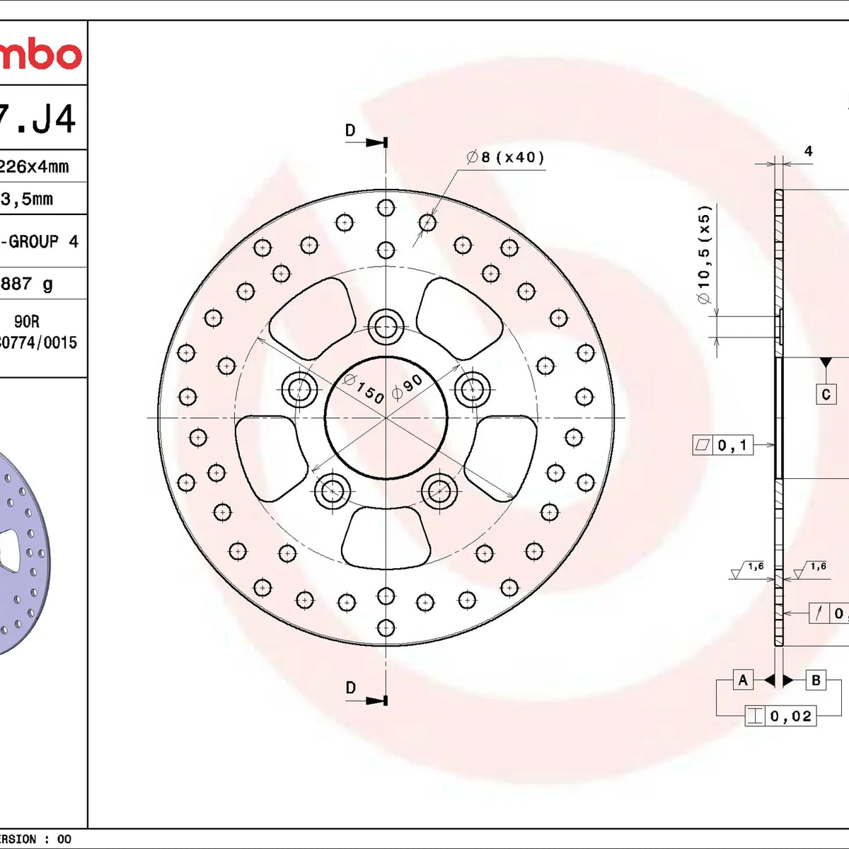 Brembo Serie Oro remschijf 226 x 4,0 mm 68B407J4