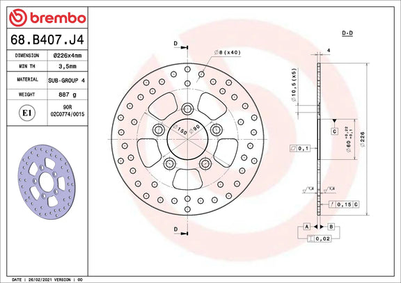 Brembo Serie Oro remschijf 226 x 4,0 mm 68B407J4