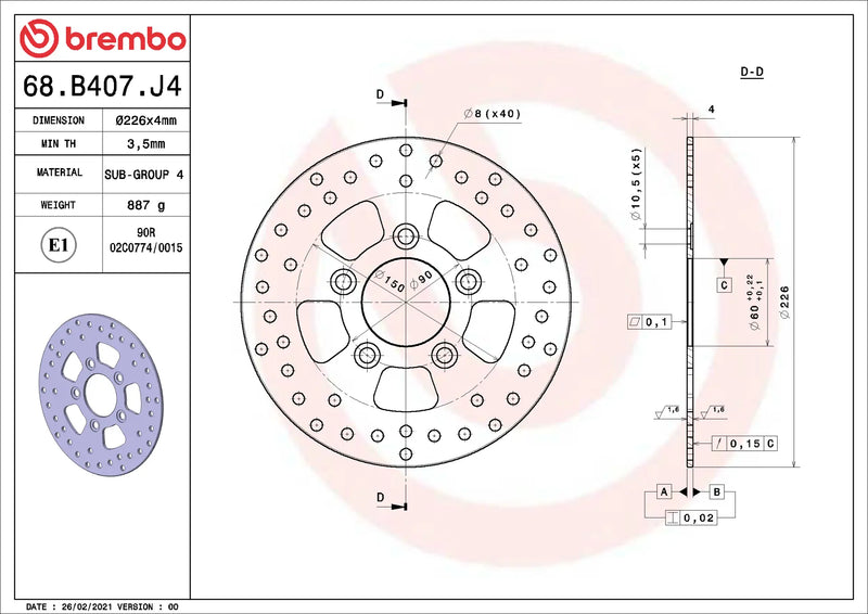 Brembo Serie Oro remschijf 226 x 4,0 mm 68B407J4