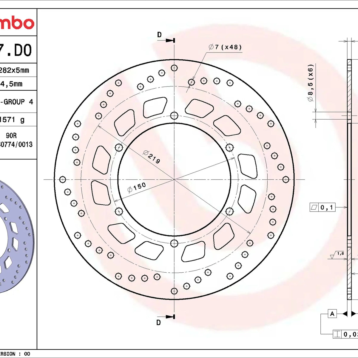 Brembo Serie Oro remschijf 282 x 5,0 mm Yamaha 68B407D0