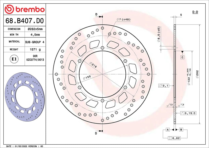 Brembo Serie Oro remschijf 282 x 5,0 mm Yamaha 68B407D0