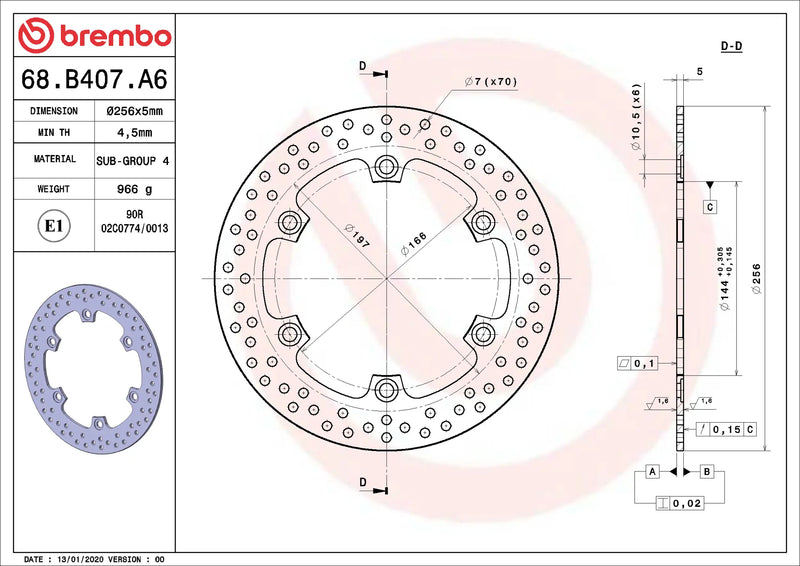 Brembo Serie Oro remschijf 256 x 5,0 mm Honda 68B407A6