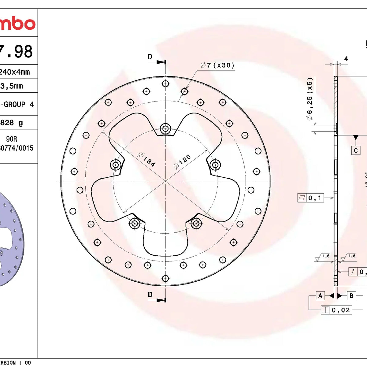 Brembo Serie Oro remschijf 240 x 4,0 mm 68B40798