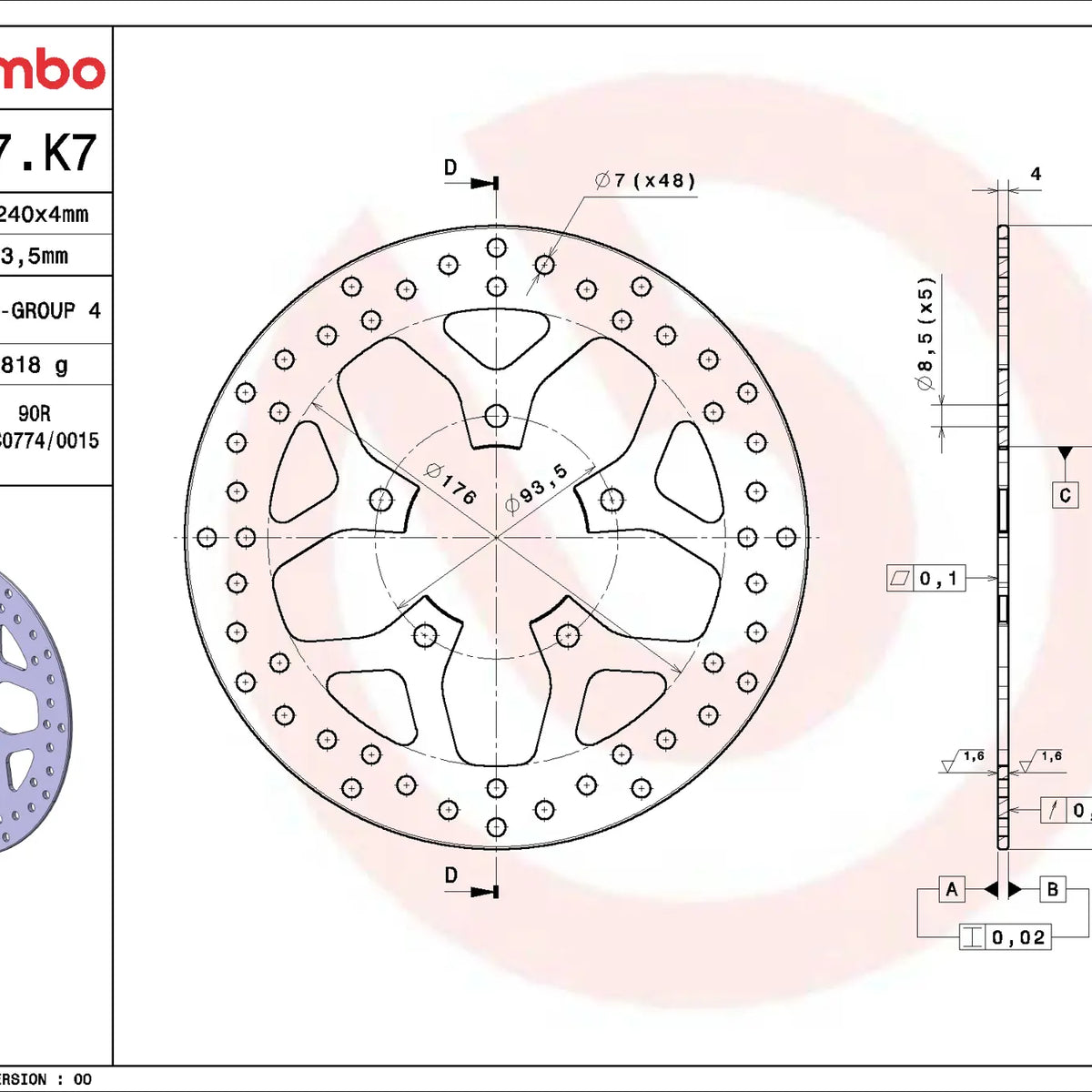 Brembo Serie Oro voorremschijf 240 x 4,0 mm Peugeot Citystar 125 2010-2019