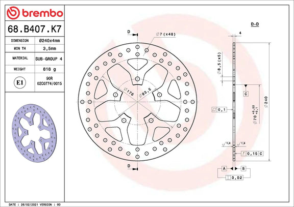 Brembo Serie Oro voorremschijf 240 x 4,0 mm Peugeot Citystar 125 2010-2019