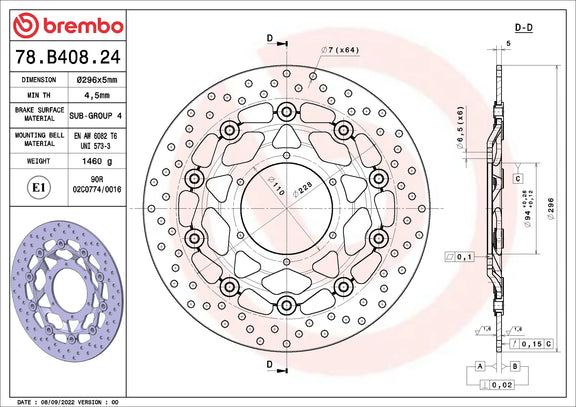 Brembo Serie Oro voorremschijf 296 x 5,0 mm Honda 78B40824