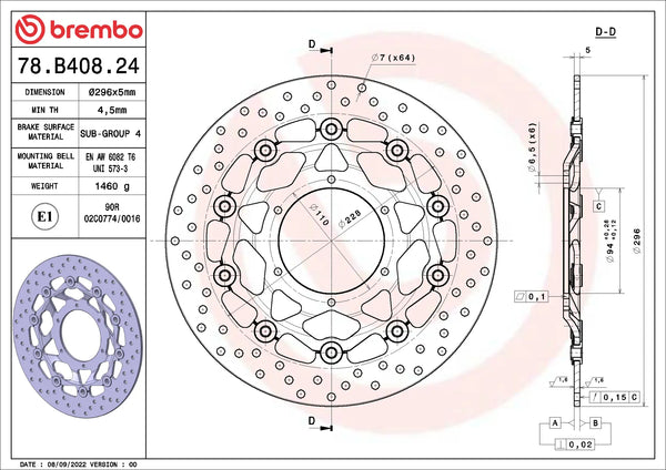 Brembo Serie Oro Bremsscheibe vorne 296 x 5,0 mm Honda 78B40824