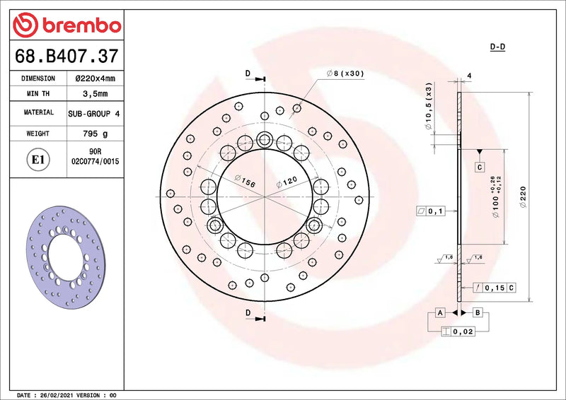 Brembo Serie Oro voorremschijf 220 x 4,0 mm 68B40737