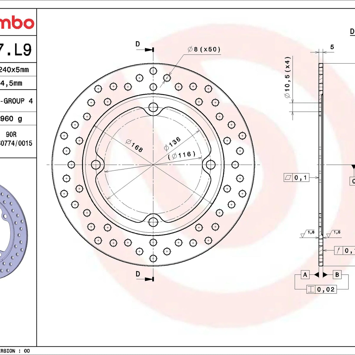 Brembo Serie Oro achterremschijf 240 x 5,0 mm Honda 68B407L9
