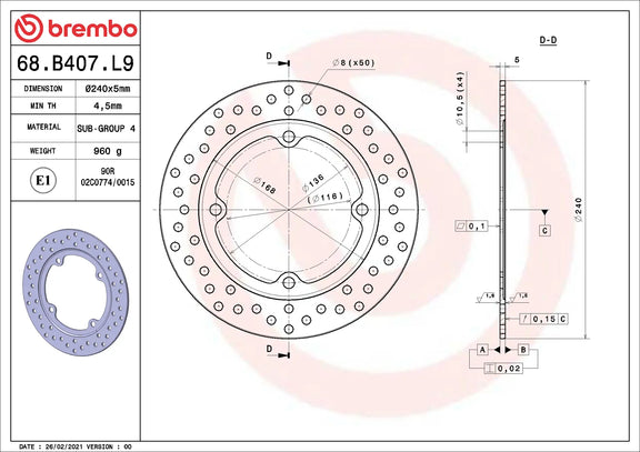 Brembo Serie Oro achterremschijf 240 x 5,0 mm Honda 68B407L9