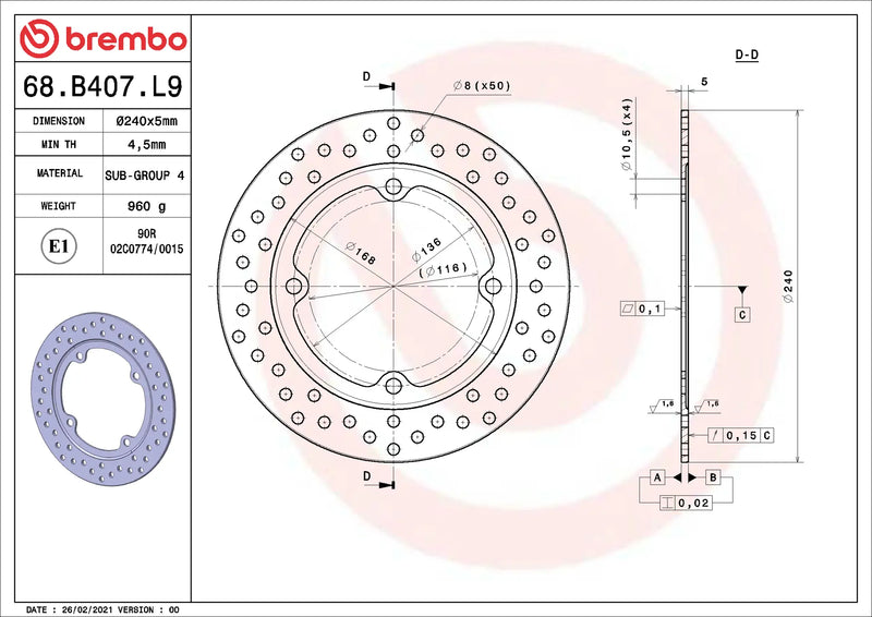 Brembo Serie Oro achterremschijf 240 x 5,0 mm Honda 68B407L9