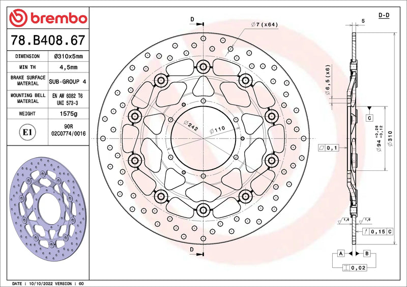 Brembo Serie Oro voorremschijf 310 x 5,0 mm Honda 78B40867