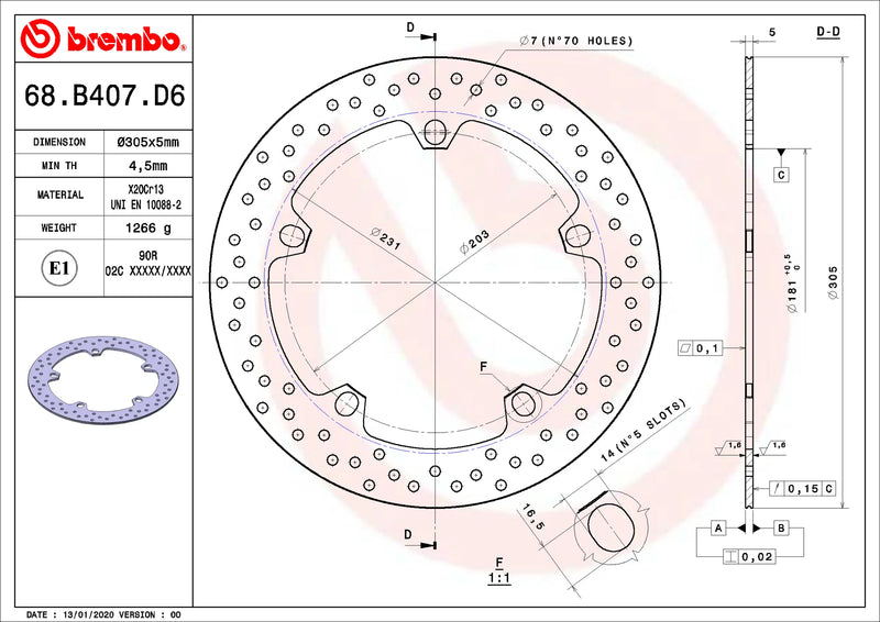 Brembo Serie Oro voorremschijf 305 x 5,0 mm BMW 68B407D6